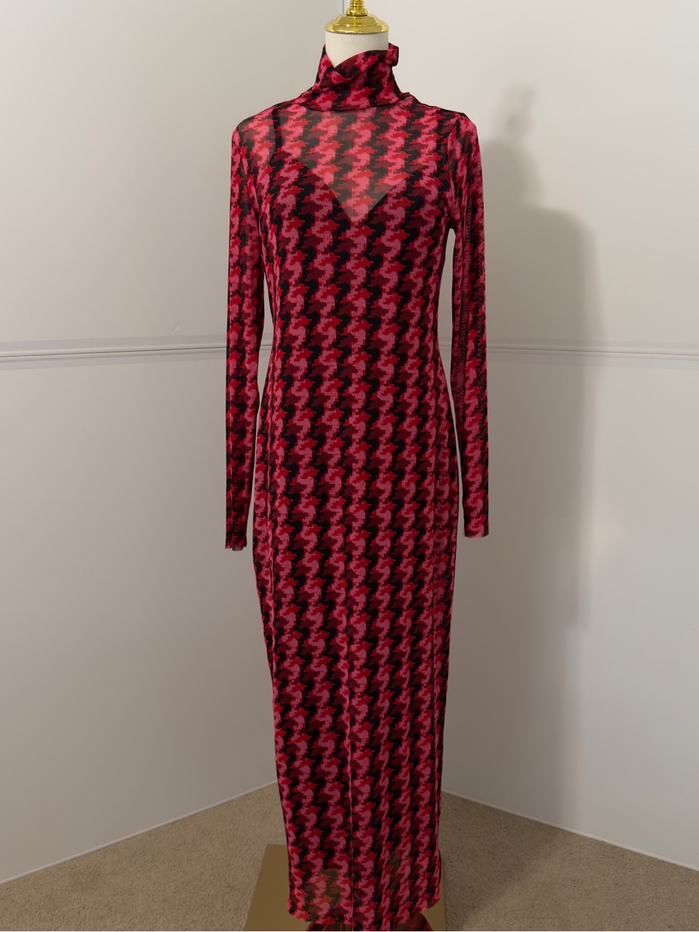 AFRM Mesh Mock Neck Long Sleeve Maxi Dress Pink Red Black Pattern